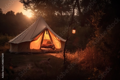 A cozy tent in the forest. Generative AI © Nutcha