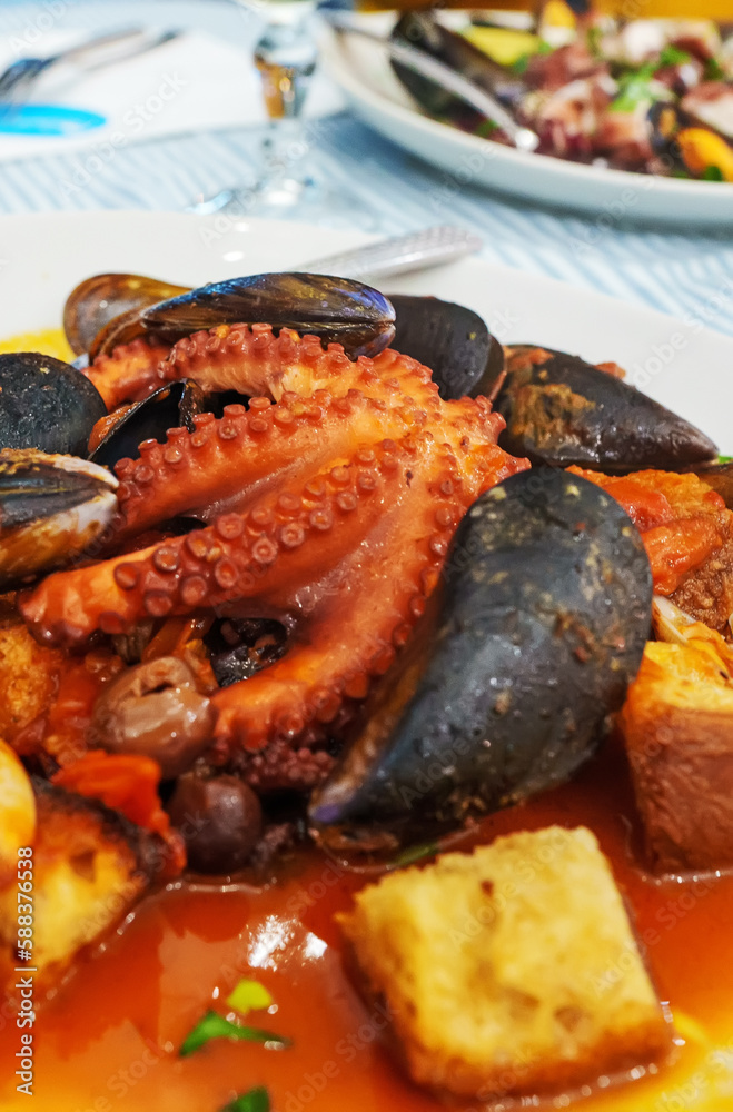 Stewed in tomato sauce Octopus with seafood and croutons.