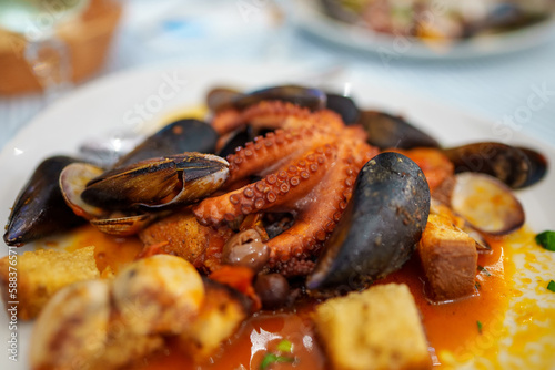 Fototapeta Naklejka Na Ścianę i Meble -  Stewed in tomato sauce Octopus with seafood and croutons.