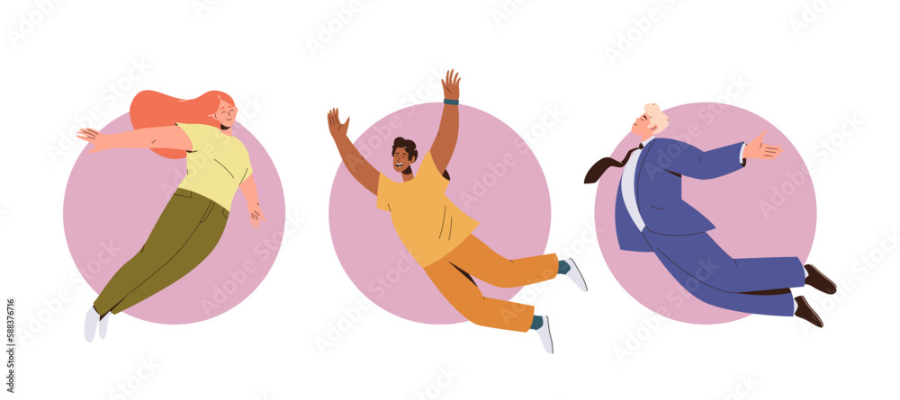 Happy people flying, inspired businesspeople floating, freelance employee levitating in air set