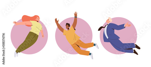 Happy people flying, inspired businesspeople floating, freelance employee levitating in air set