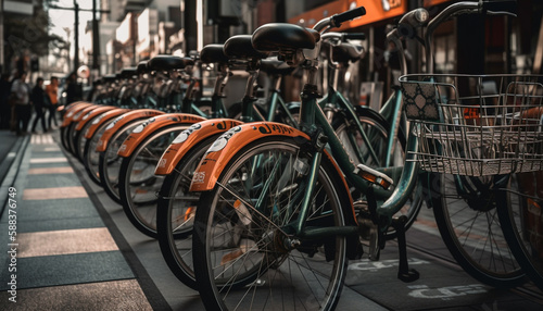 Abundant bicycles parked at modern city station generated by AI