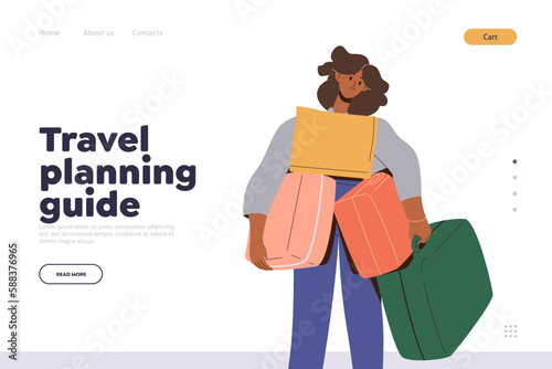 Travel planning guide landing page design template, online service with tips and advices for trip