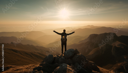 Standing on mountain peak, arms raised in success generated by AI