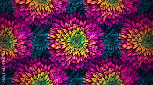 A floral pattern including Magenta, Yellows and blues. A perfect array of flowers creating a striking pattern.