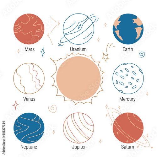 A large vector set of planets in a hand-drawn style. Fantastic planets on a cosmic background for decoration, postcards, print