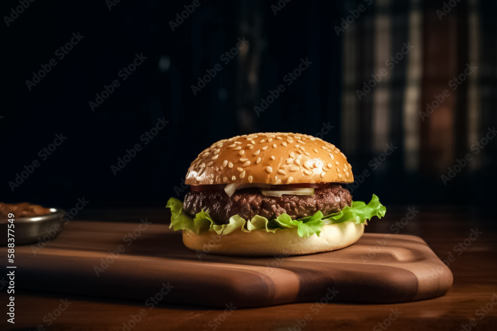 a fresh burger that combines unique flavor combinations with beautifully crafted presentations on board in front of the black background. generative AI a fresh burger that combines unique flavor combinations with beautifully crafted presentations on board in front of the black background. generative AI