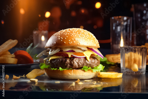 Hamburgers are arranged on the wood board with a lot of decoration for luxury promotion. generative AI