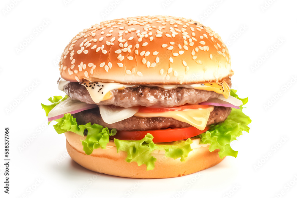 Isolated Burger stands alone on a white clear background. generative AI Isolated Burger stands alone on a white clear background. generative AI