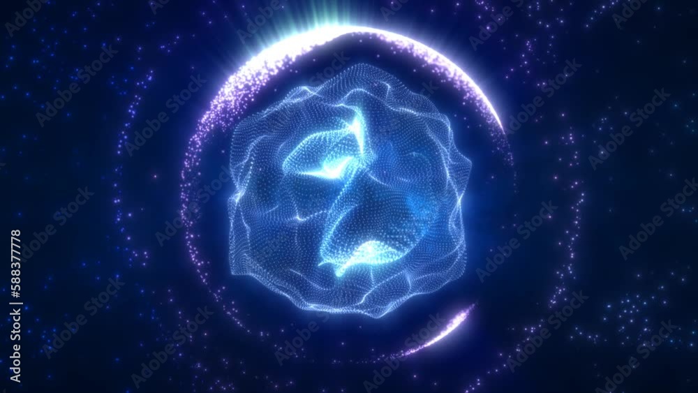 Abstract blue looped energy sphere from particles and waves of magical ...