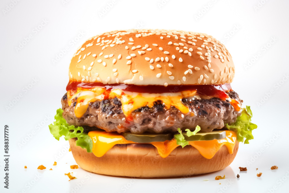Isolated Burger stands alone on a white clear background. generative AI Isolated Burger stands alone on a white clear background. generative AI