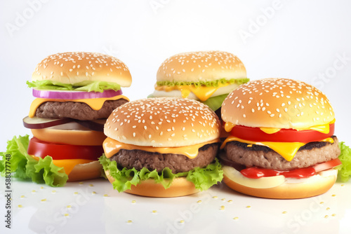 A Set of burgers with a simple clear set on a studio white background. generative AI