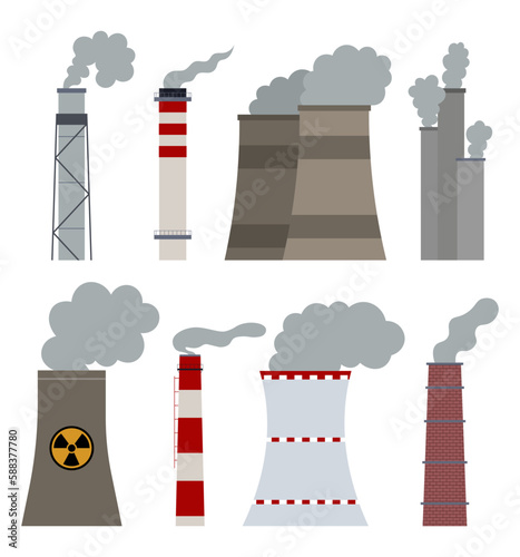 Factory Chimney Collection. Industrial Pipes. Ecology Problem Vector Illustration In Flat Style
