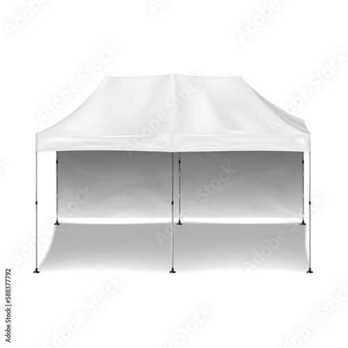 Pop-up gazebo with back wall realistic mock-up. White blank promotional canopy tent vector mockup. Foldable event marquee. Template for design