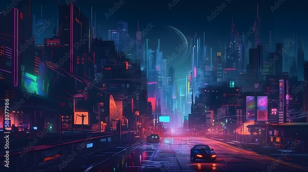 Night metropolis of the future. Generative AI