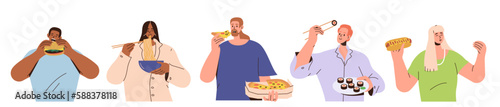 Set of diverse people eating fast food sushi, hot dog, ramen noodles and pizza isolated on white