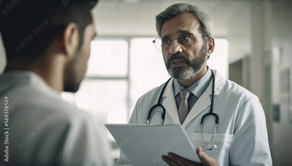 Mature doctor and team discuss patient success generated by AI Mature doctor and team discuss patient success generated by AI