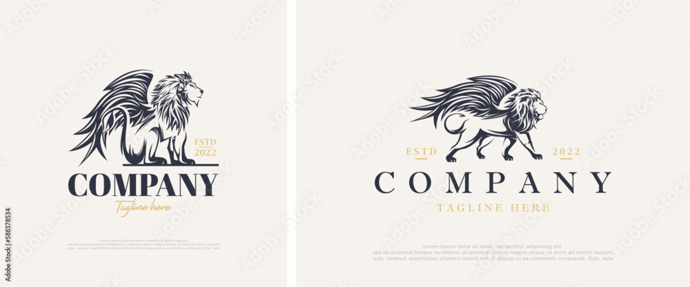 Lion logo with lion illustration has flying wings. Premium design with luxury and elegant concepts.