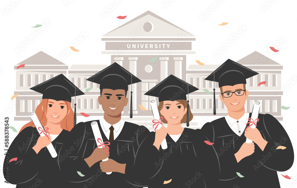 Obraz premium Group of happy students-graduates wearing an academic gown and holding a diploma against the backdrop of the university. University building in traditional architecture. Vector illustration