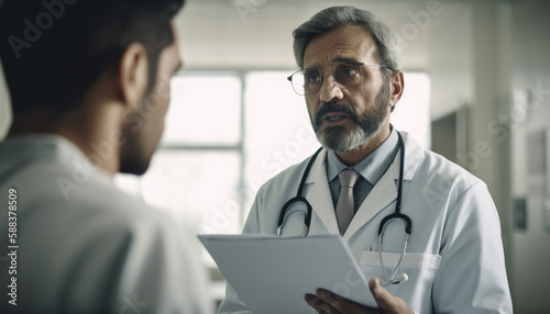 Mature doctor and team discuss patient success generated by AI