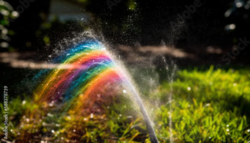 Rainbow colored raindrop splashing wet grass outdoors generated by AI © Jeronimo Ramos