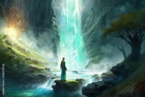 Cosmic traveller in front of magical waterfall created with Generative AI 