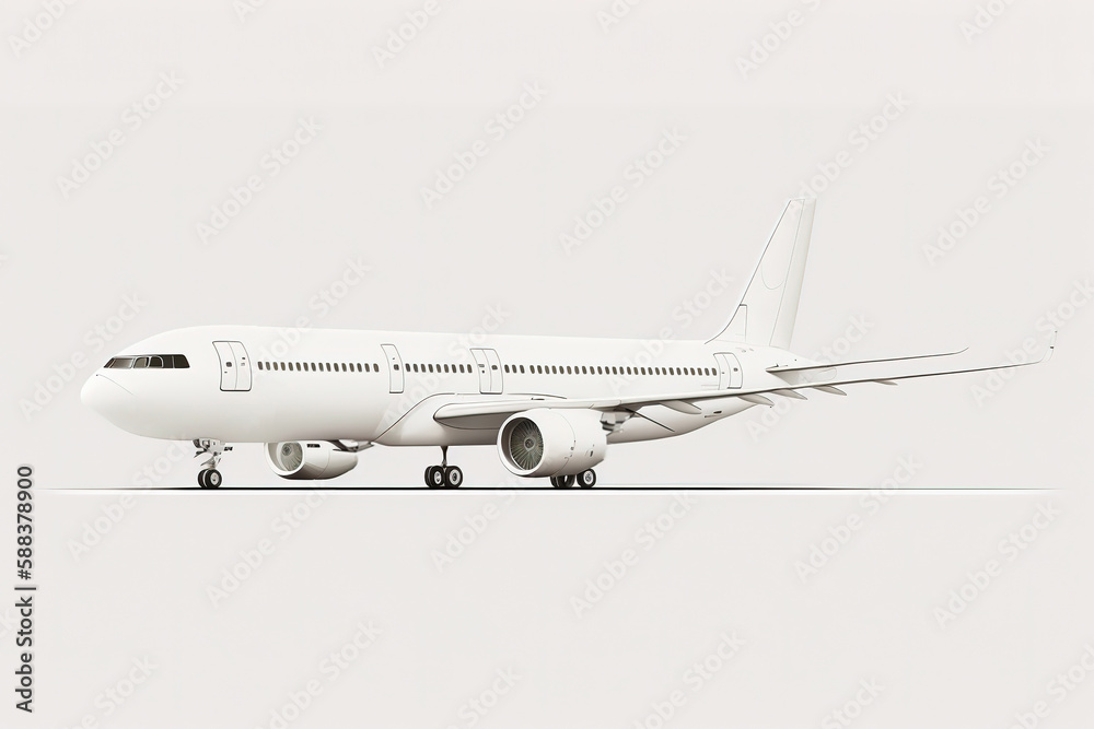 Drawing of the airplane vehicle during taking-off or landing in clean white background, transportation logo. Generative Ai image. Drawing of the airplane vehicle during taking-off or landing in clean white background, transportation logo. Generative Ai image.