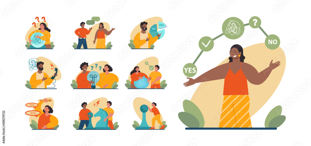 Difficult decision-making concept set. Multiple options dilemma Difficult decision-making concept set. Multiple options dilemma