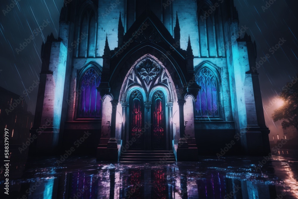 Mysterious neon gothic cathedral created with Generative AI Mysterious neon gothic cathedral created with Generative AI
