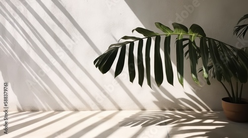 tropical leaf shadow sunlight on cream white concrete generative ai