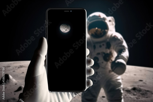 Astronaut holding smartphone standing on the Moon, generative ai photo