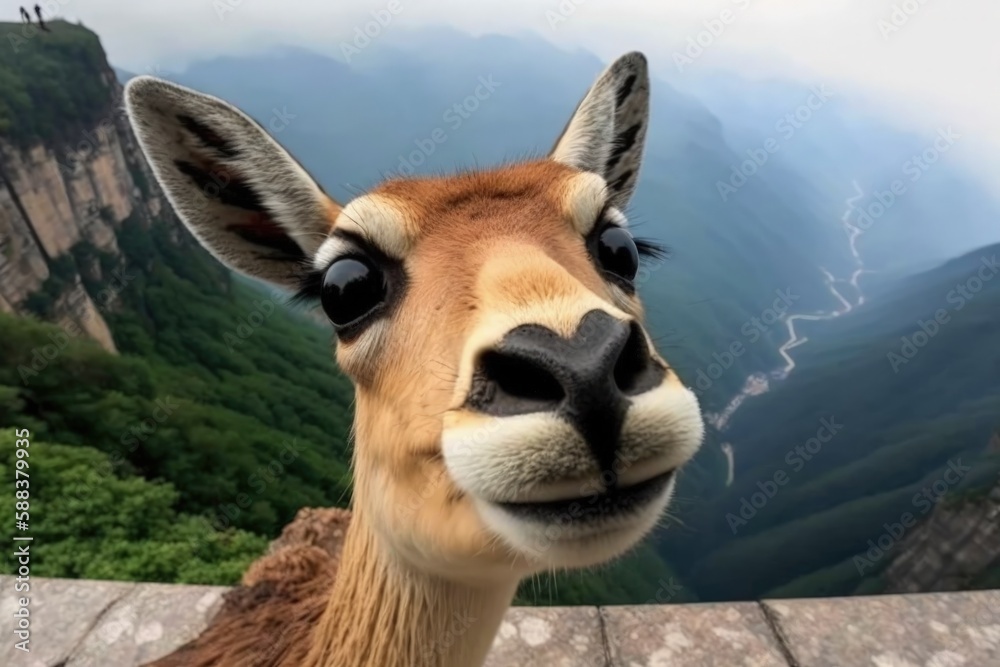 Selfie of a cute deer on the top of a mountain created with Generative AI 