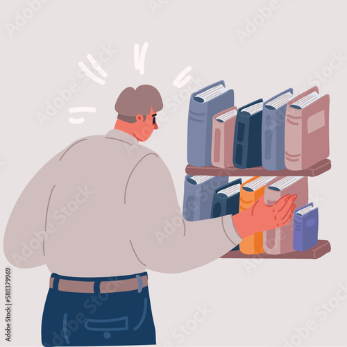 Vector illustration of Man choosing book in library.