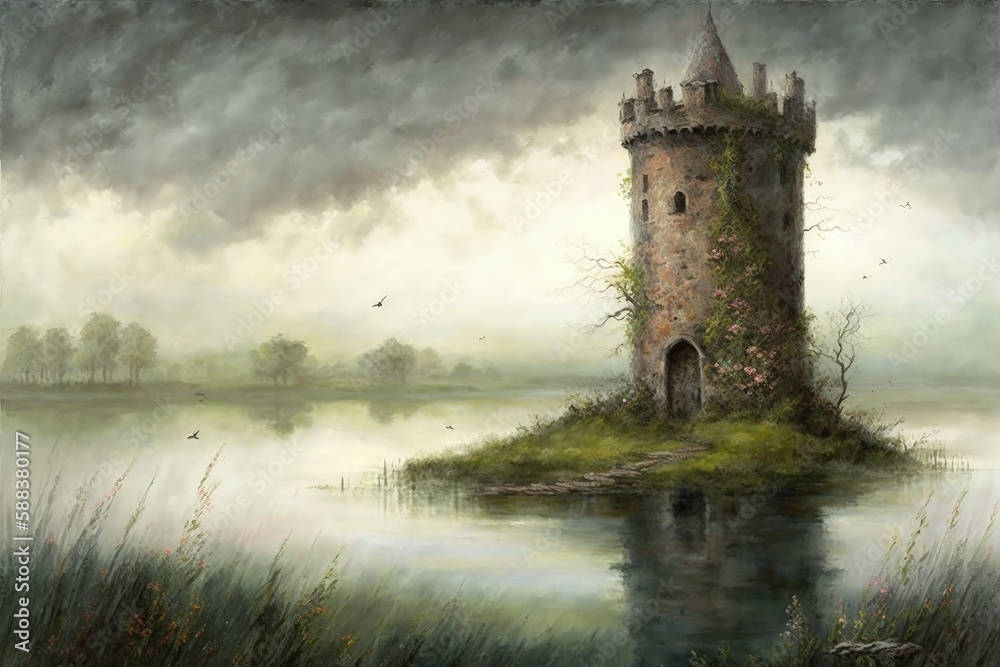 Naklejka premium Mystical medieval tower in lake created with Generative AI 