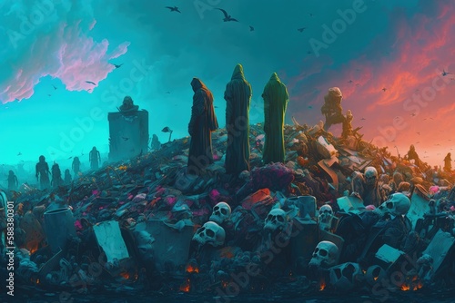 Magical cemetery. Garbage dump with skeletons created with Generative AI  photo