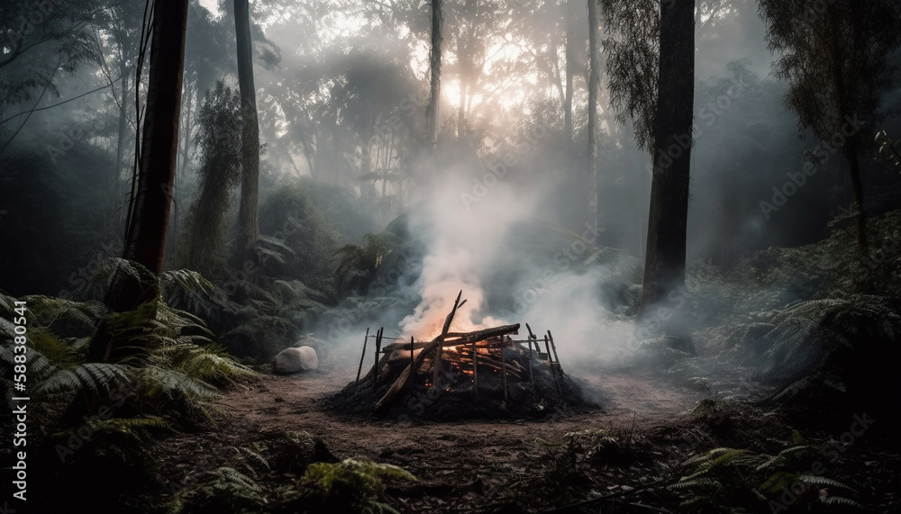 Burning forest fire creates spooky, mysterious landscape generated by AI