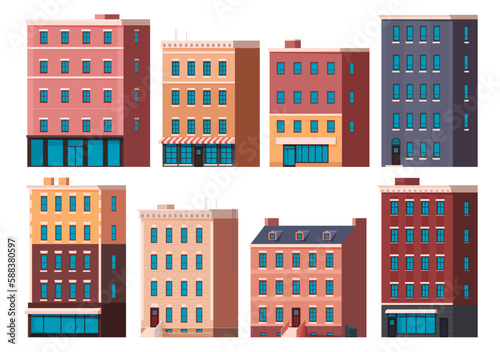 Urban high-rise buildings with shops in them. Residential construction real estate. Exterior of buildings in the city. Vector illustration