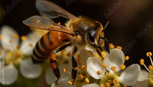 A busy bee pollinating, collecting pollen outdoors generated by AI