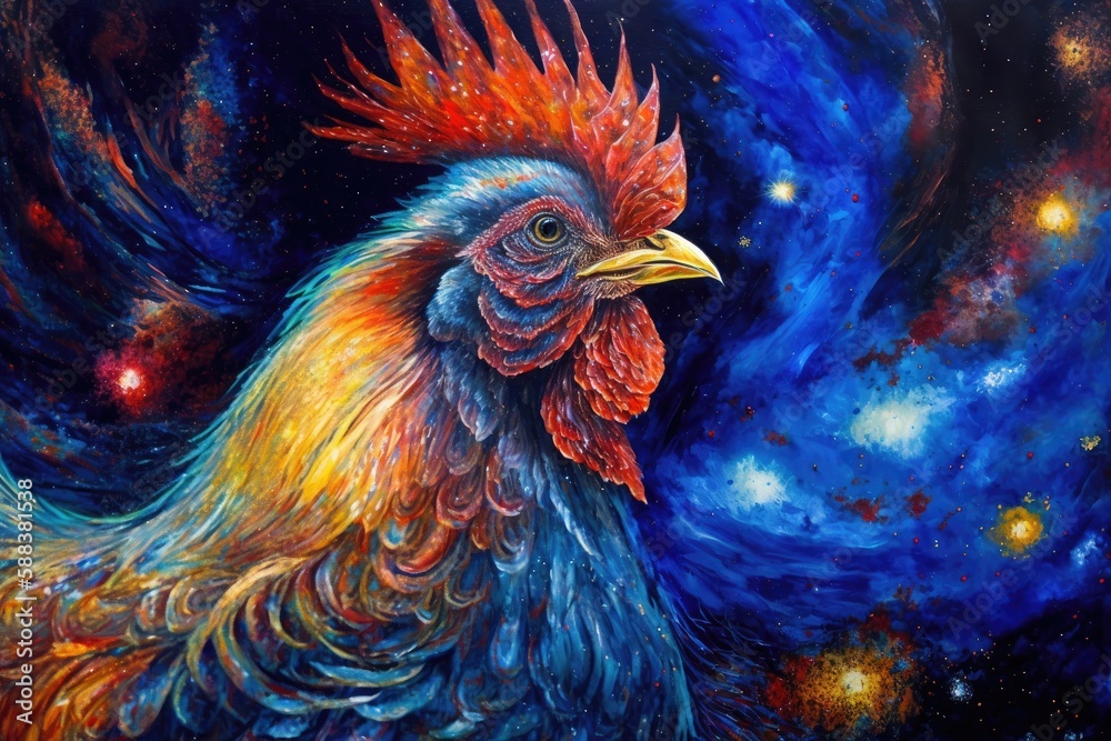 Magical rooster in space created with Generative AI 