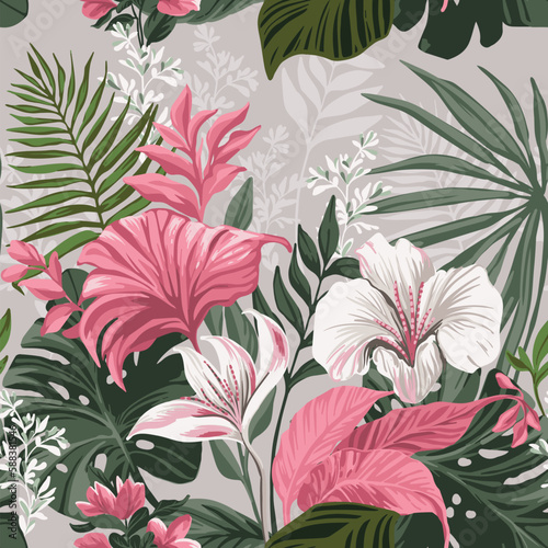 Hawaiian tropical seamless pattern. Exotic flowers on a neutral background.