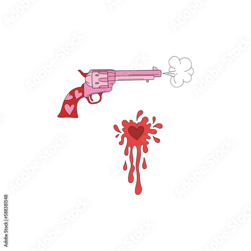 Howdy Valentines Day vintage smoking gun heart shape shot vector illustration isolated on white. Pink Red aesthetics Wild west love shooter firearm print for 14 February holiday. 