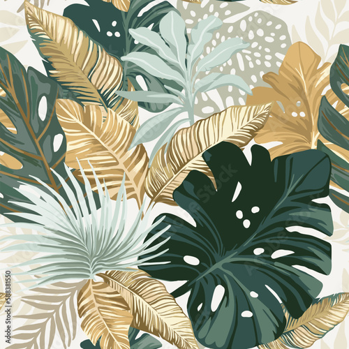 Tropical leaves in golden color. Seamless pattern. Neutral colors.