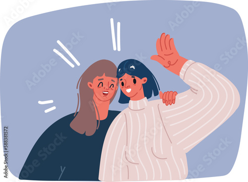 Cartoon vector illustration of two woman waving. Friends greeting or supporting each other. Informal hi gesture. Concept of friendship, partnership and success.