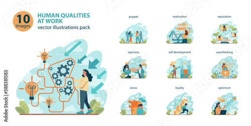 Office worker set. Business character or employee daily attitude