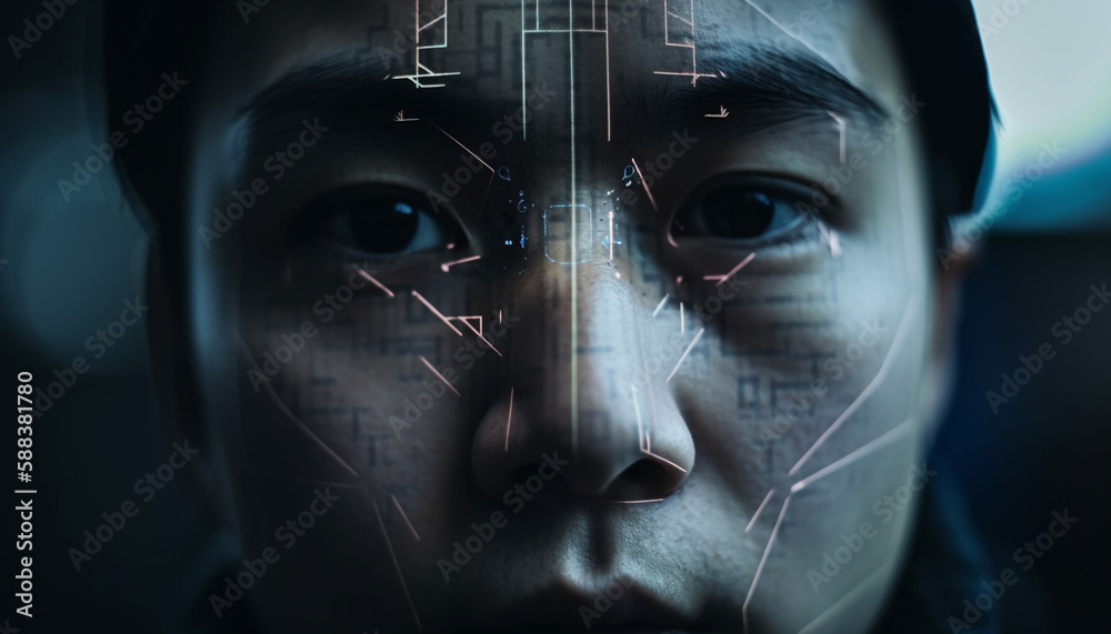 A futuristic young adult concentrates on digital data generated by AI A futuristic young adult concentrates on digital data generated by AI