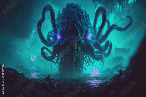 Creepy Cthulhu in mist. Mythical creature created with Generative AI 