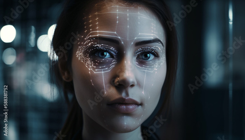 Young adult woman futuristic portrait shines sensuality generated by AI