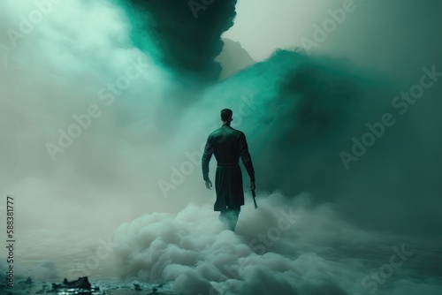 Man standing with his back in malachite mist created with Generative AI 