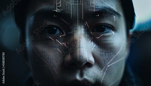 A futuristic young adult concentrates on digital data generated by AI