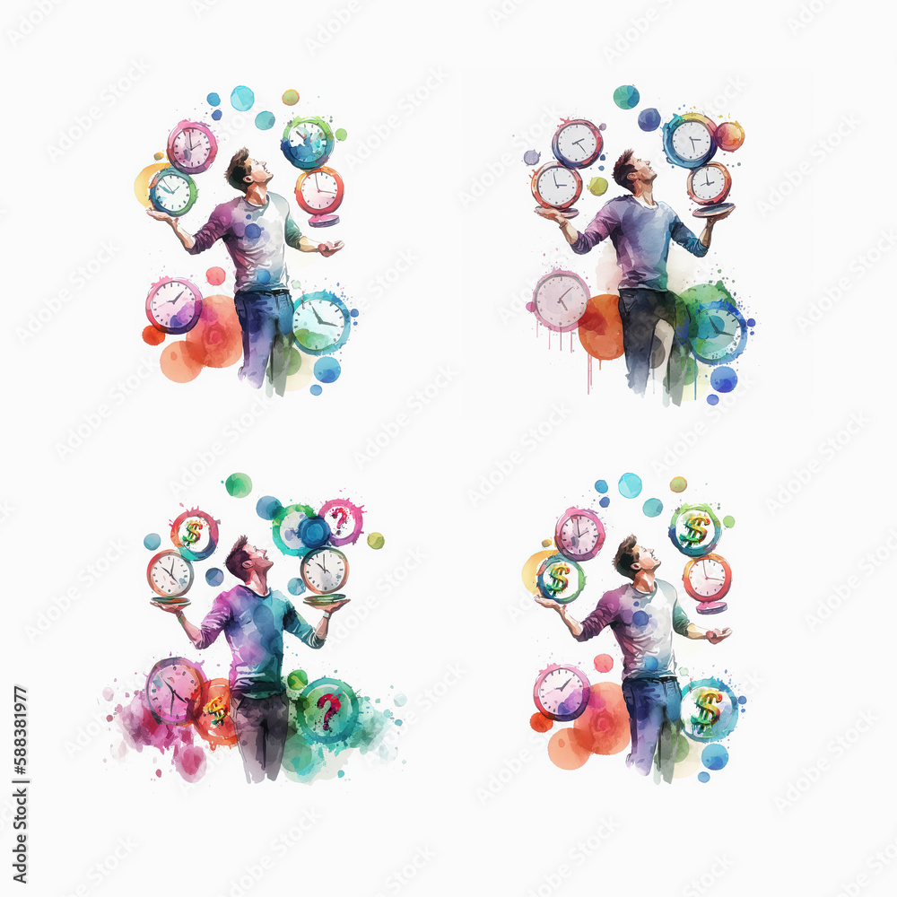 Ilustrace „Collection of a man juggling clocks, question marks and
